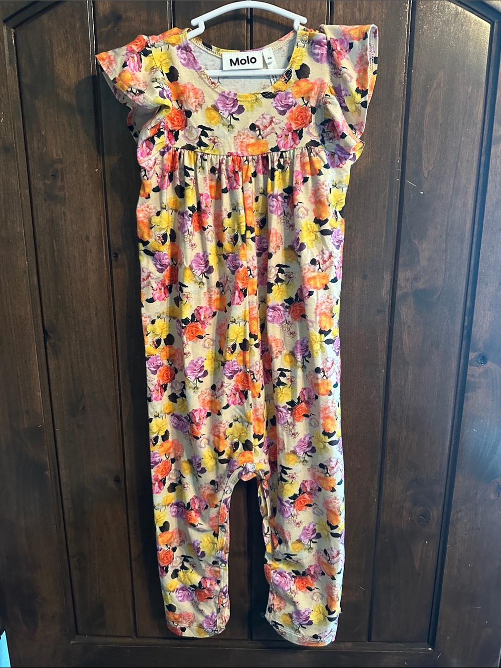 Molo Floral Ruffle Jumpsuit in Yellow with Pink & Orange Roses